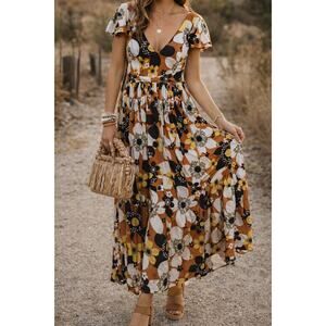 Dodo Bar Or Jenny Long Dress Brown Retro Floral Maxi Size Medium Womens